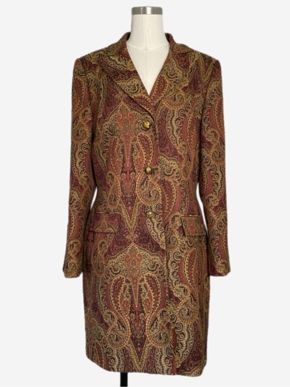 Vintage Liz Claiborne Brown paisley tapestry long coat brocade medieval fall L